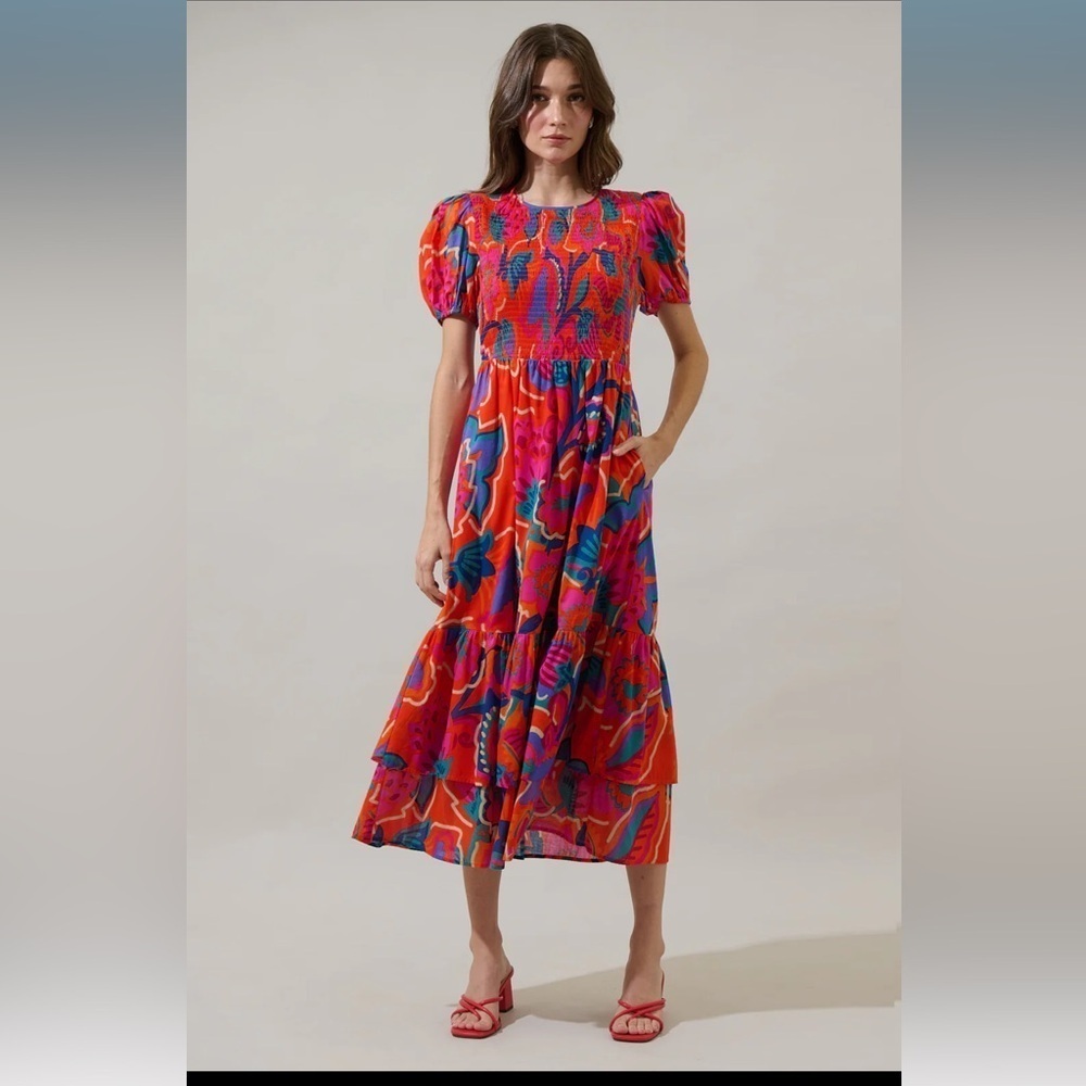 SugarLips Kahlia Tropics Aruba Smocked Midi Dress Orange Red Multi